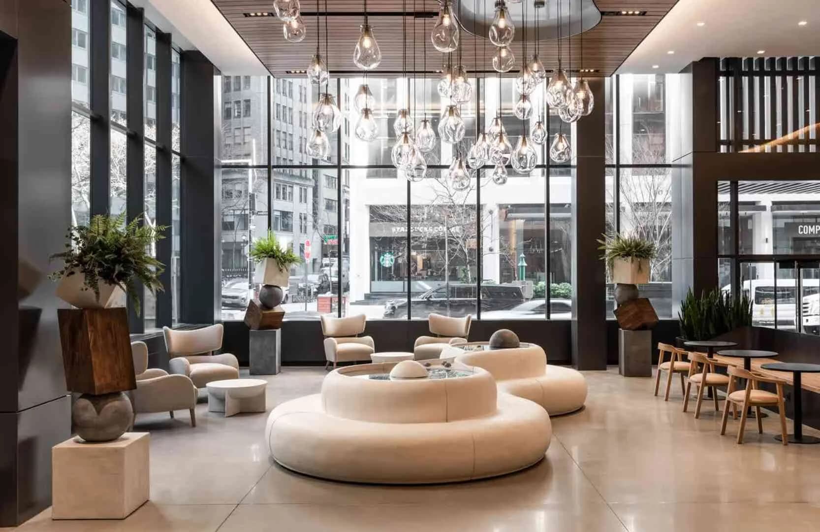 Paulownia furniture in the 100 Pearl Street lobby, New York